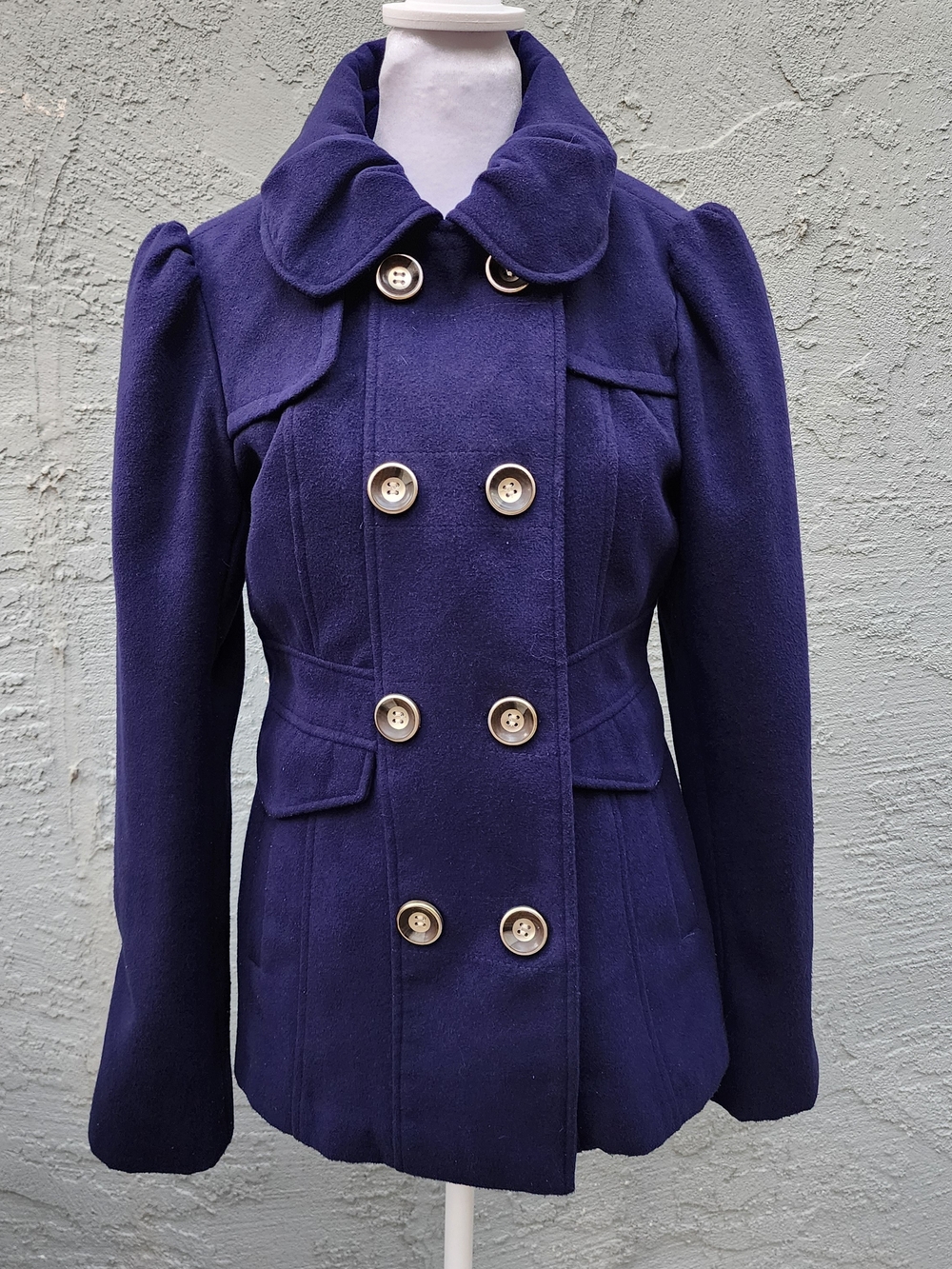 Hydraulic Royal Purple Double Breasted Pea Coat Size M Puff Shoulder Woolen Feel